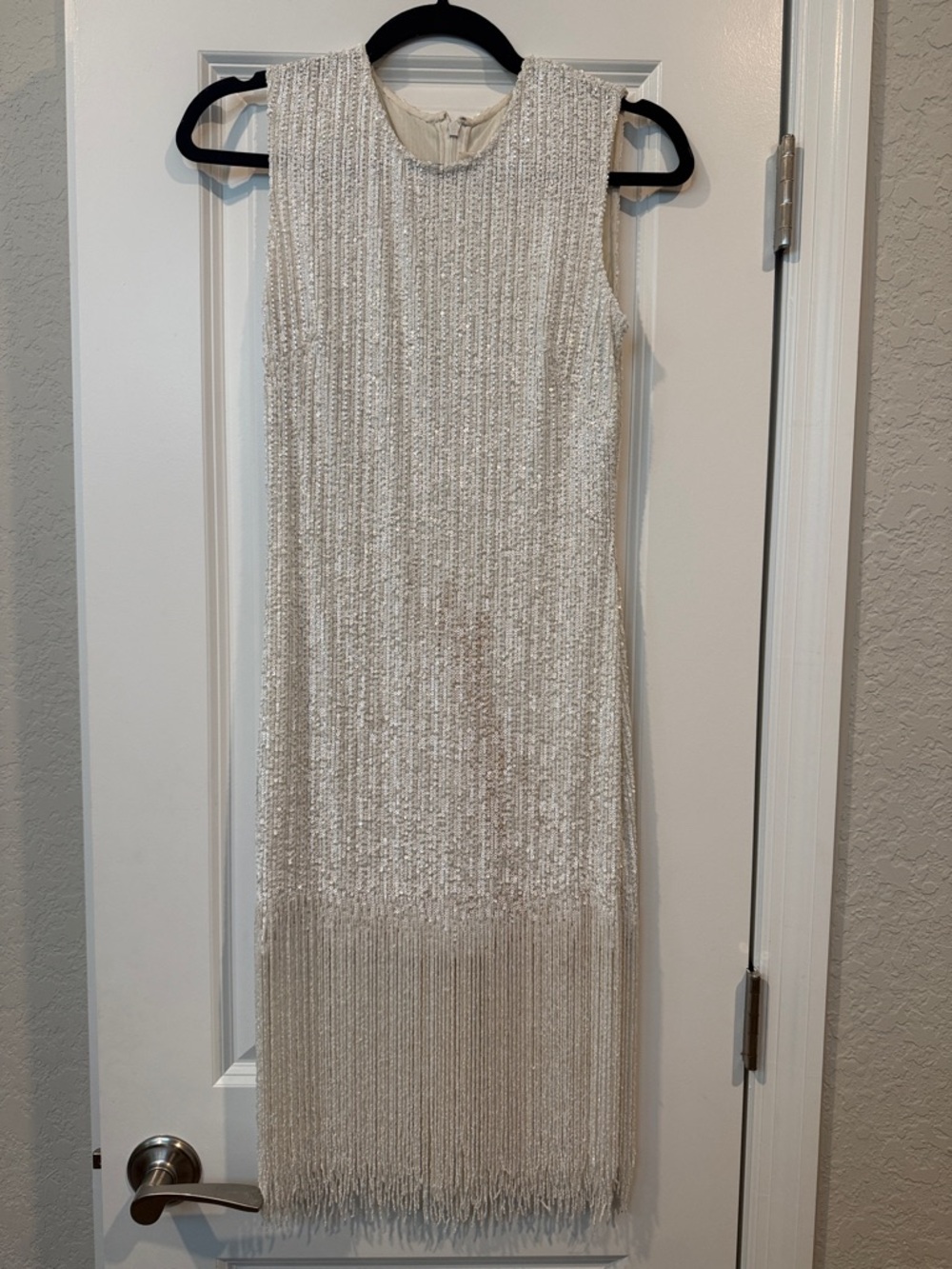 Naeem Khan Ivory Sequin Fringe Sheath Dress
